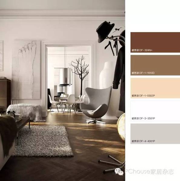 深褐色的地面,搭配沉稳内敛的浅咖色和灰色家具,凸显家的质感;白色