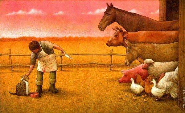 pawel kuczynski在画中隐喻出现代社会中存在的各种问题,在讽刺中提醒