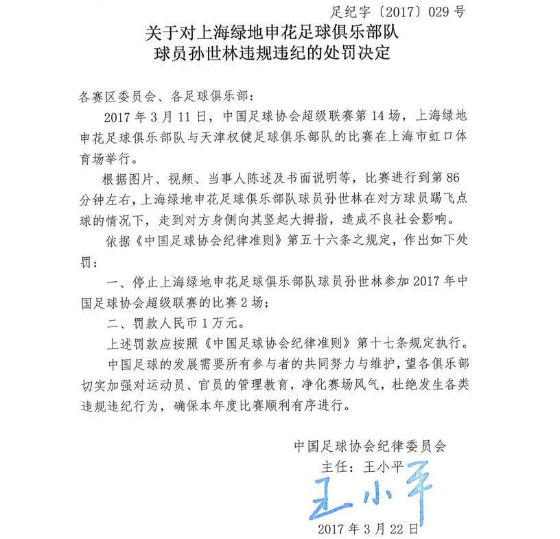 足协公布罚单：孙世林造成不良影响停2场罚1万 第1页