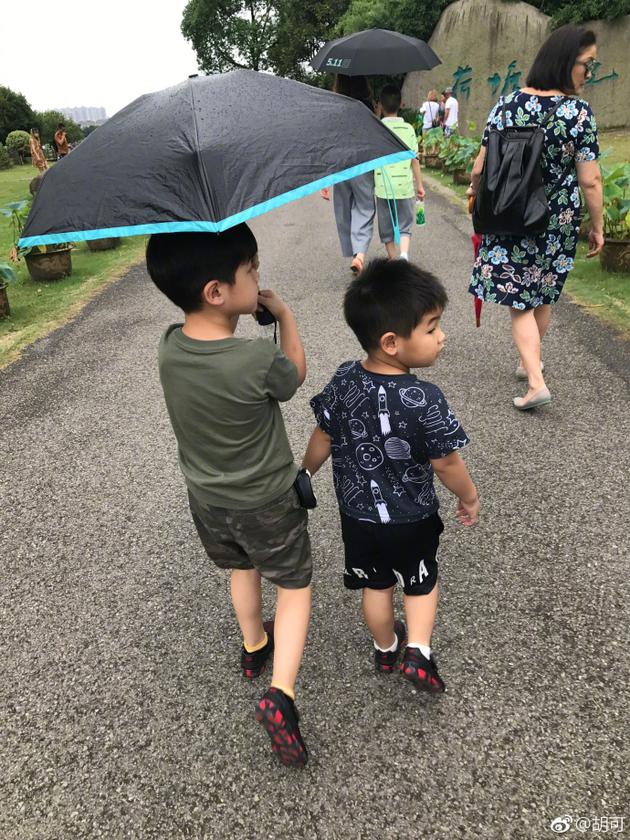 胡可晒儿子安吉为小鱼儿撑伞 雨中背影温馨可爱 第1页